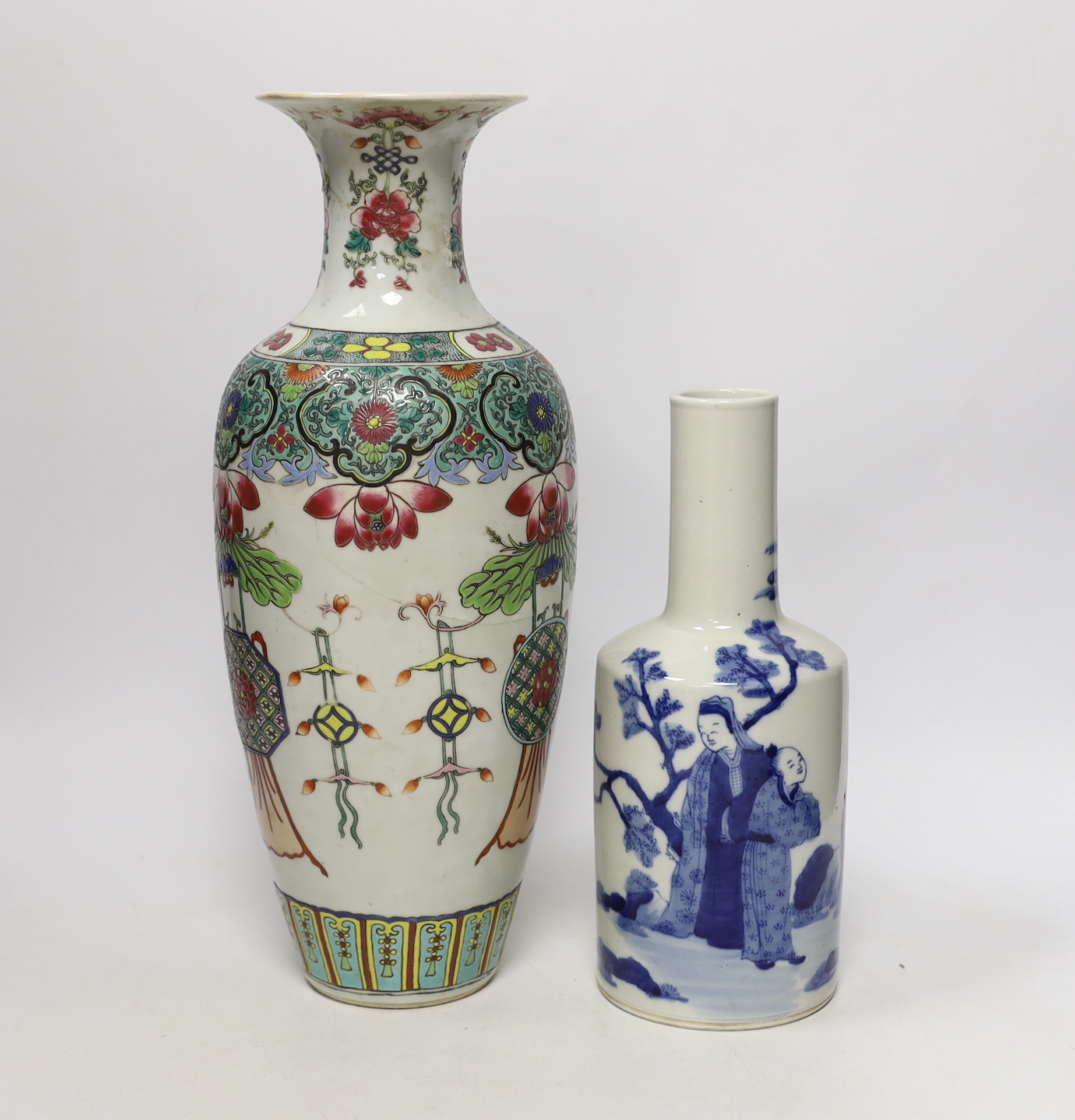 A famille rose vase and blue and white jar, tallest 35.5cm